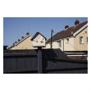 A house shaped bird box, with house rooftops behind