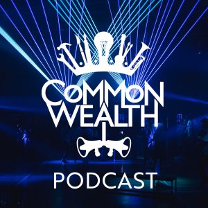 Common Wealth logo and "podcast" on a dark blue background with turquoise lasers