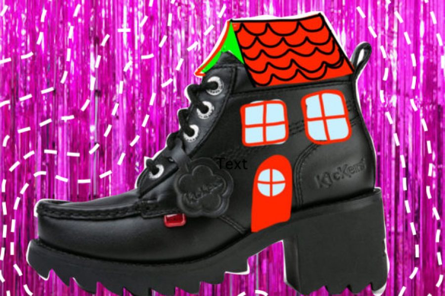 A black boot with a hand drawn roof and windows.
