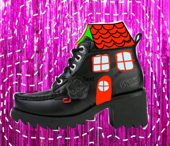 A black boot with a hand drawn roof and windows.