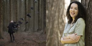 A composite image featuring two images of people in woodland. On the left, a man dressed in black opens his arms, and crows fly behind him. In the picture on the right a young woman with curly hair leans against a tree and looks at the camera