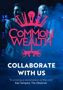 A common wealth logo in pink sits over a blue photo