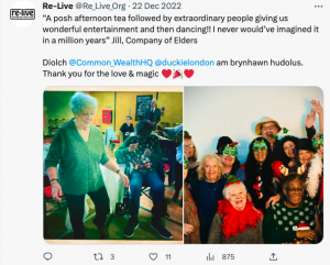 A tweet from "Re-live" showing two photographs of their members at Posh club - one posing for a photograph in fancy dress, the other, two people dancing