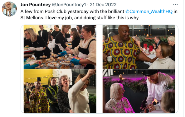 A screenshot of a tweet of 4 images showing black tie hosts getting afternoon tea ready, people dancing, a woman drinking a cup of tea and a conga 