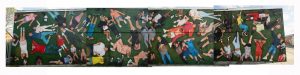 Photo montage of a mural showing over 50 people lying on the grass