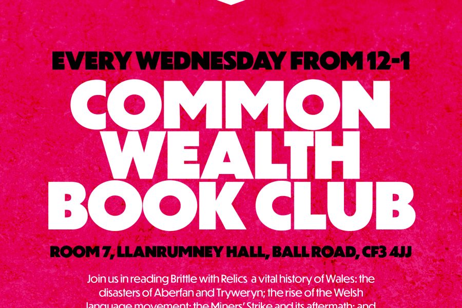 White text on a pink background saying "Common Wealth Book Club"