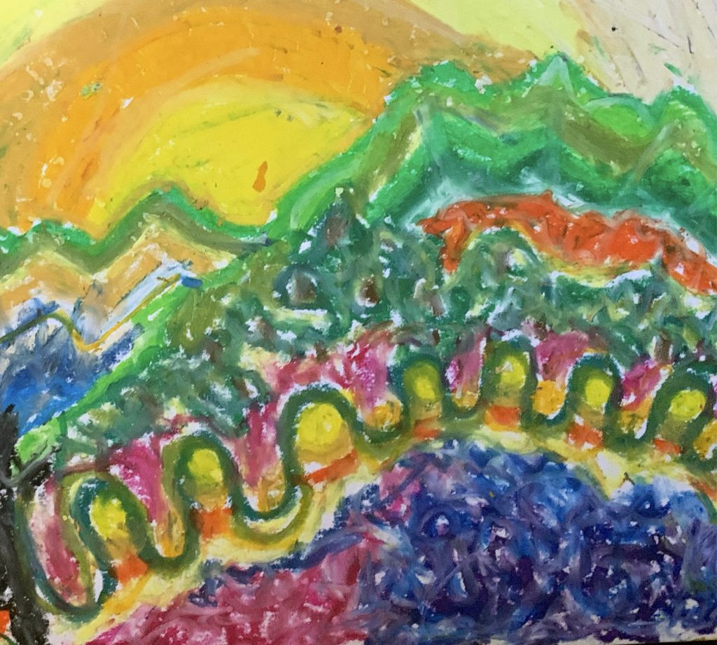 abstract landscape in oil pastels. yellow sun peeks out from behing a green hill shape. 