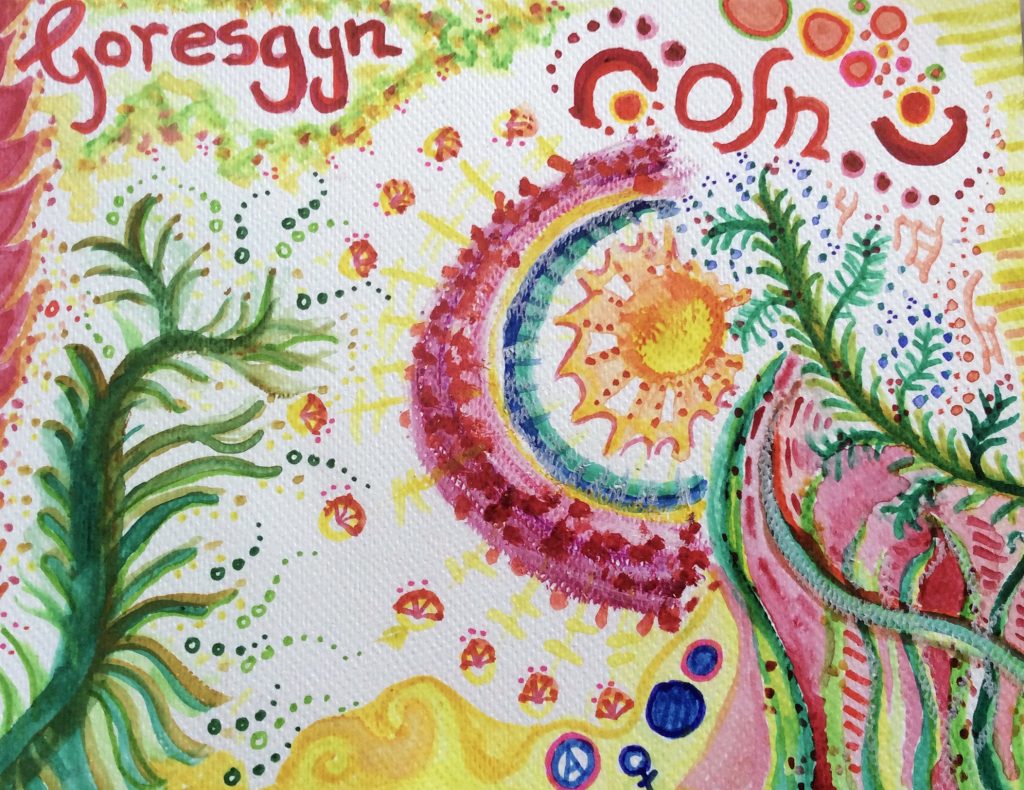 Colourful, abstract illustration of flowers, plants and patterns. With two welsh words "Ofn" and Goresgyn" written in red