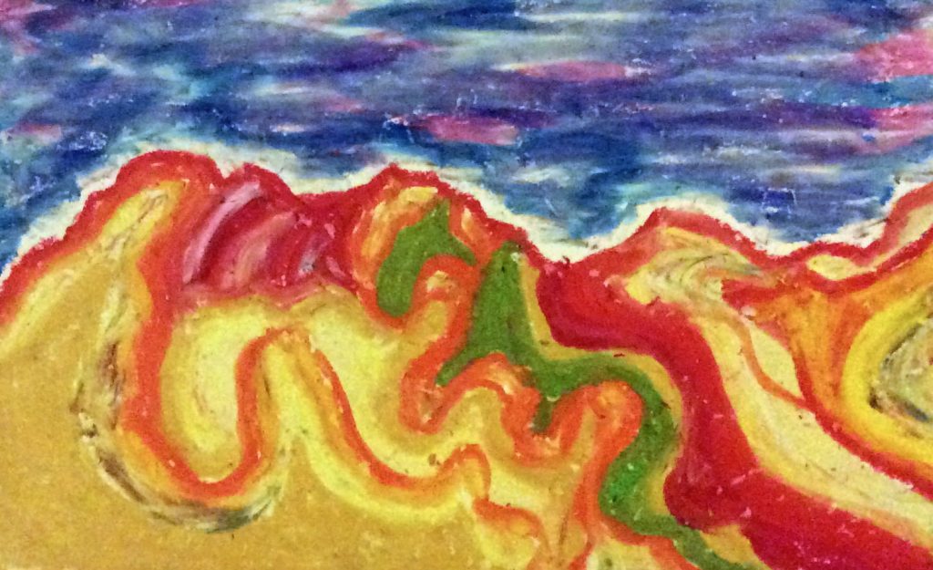 Oil paster drawing of mountains in red, green and yellow against a blue and purple sky