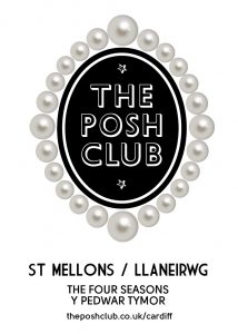 A text based image advertising "The Posh Club" in St Mellons. The words "The Posh Club" are written on a black oval, surrounded by pearls.