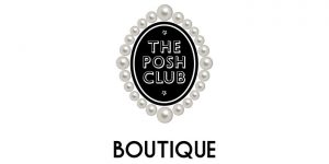 the words "Posh Club" on a black and white badge, edged with pearls with the word "Boutique" below