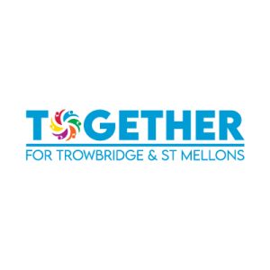 Logo for Together for Trowbridge and St Mellons. Text is in blue, the "o" of 'Together' is a swirl of colours