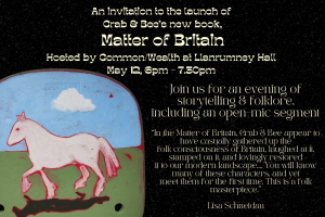 Invite for the Matter of Britain booklaunch, showing a large picture of a horse painted by Crab & Bee.