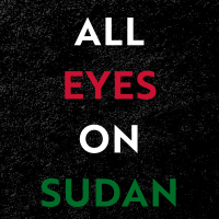 ALL EYES ON SUDAN in the Sudanese flag colours, against a grainy black background
