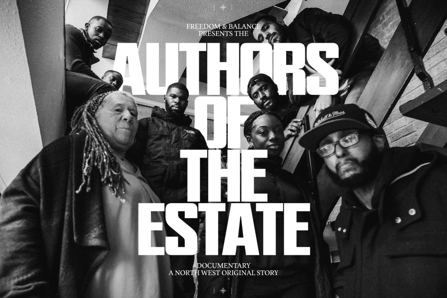 A group of participants in the Authors of The Estate project pose on a staircase around the words Authors of The Estate.