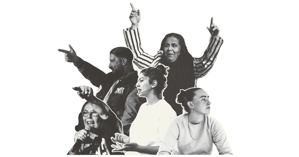 A collage image of different people from Cardiff and Bradford. They are cut out and layered over each other, in black and white. The people are a diverse group in terms of gender, race and age. They are people we ahve worked with on our shows.